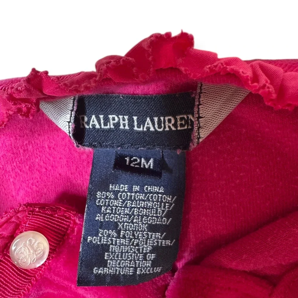 Ralph Lauren Baby Girls‎ Velvet Dress Fuchsia Pink Ruffle Trim Long Sleeve 12M